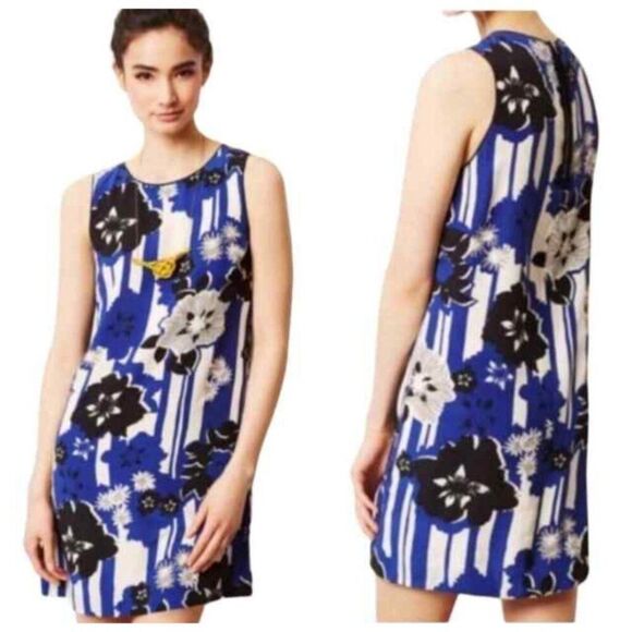 Maeve By Anthropologie Women Sleeveless Blue Silk Floral Shift Mini Dress Size 0 - Picture 1 of 8